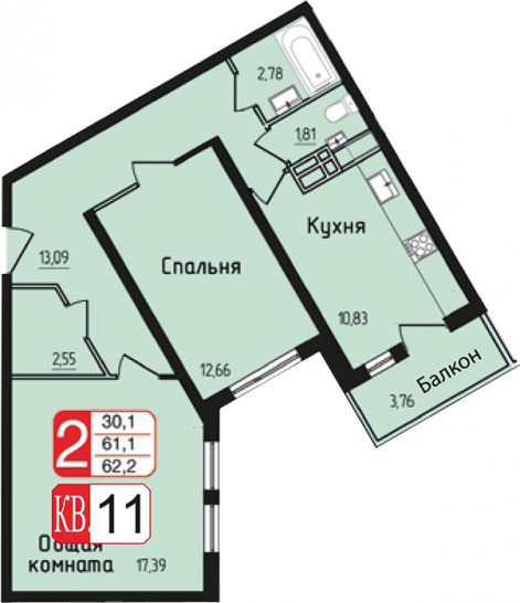 Двухкомнатная квартира 62.2 м²
