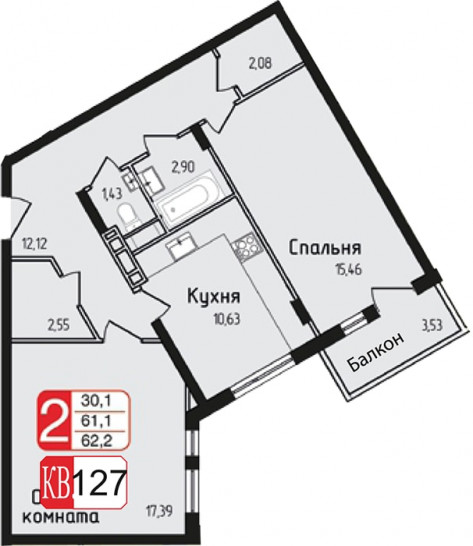 Двухкомнатная квартира 62.2 м²