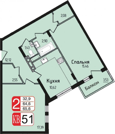 Двухкомнатная квартира 65.6 м²