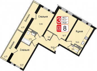 Трёхкомнатная квартира 75.8 м²
